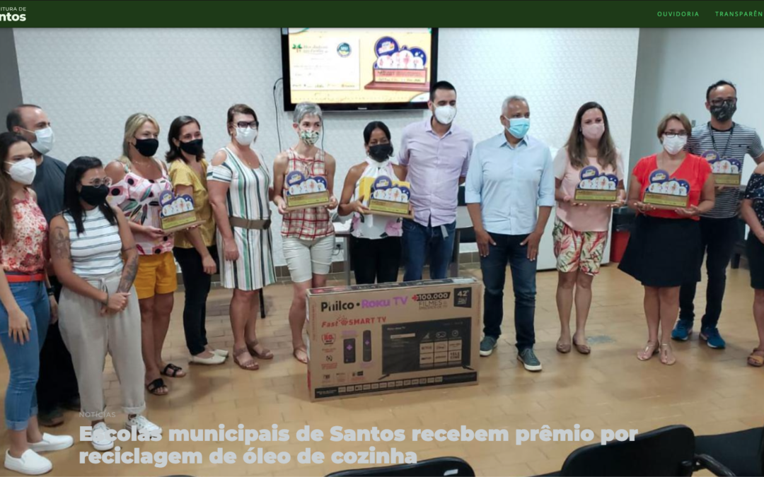 Saiu na Mídia: Escolas municipais de Santos recebem prêmio por reciclagem de óleo de cozinha